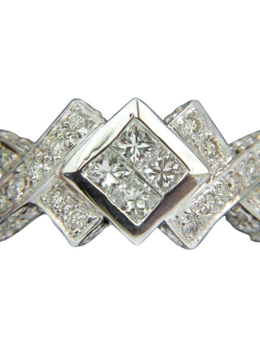 1.00CT NATURAL PRINCESS CLUSTER & ROUNDS CROSSOVER RING SPLIT SHANK 18KT*